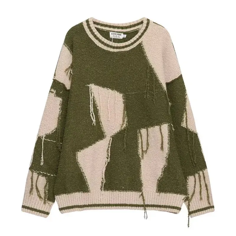 Aidase Baggy Sweaters Men Ripped Spliced Japanese Style Retro High Street Handsome Teenagers Youthful Vitality All-match Slouchy Autumn