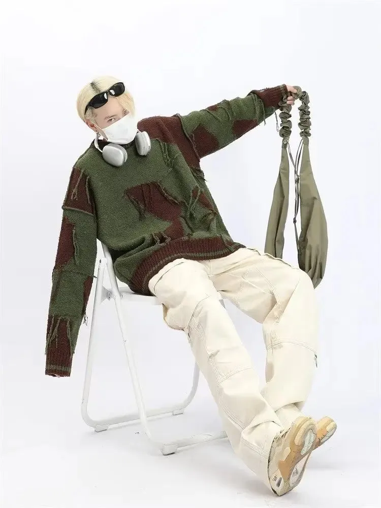 Aidase Baggy Sweaters Men Ripped Spliced Japanese Style Retro High Street Handsome Teenagers Youthful Vitality All-match Slouchy Autumn
