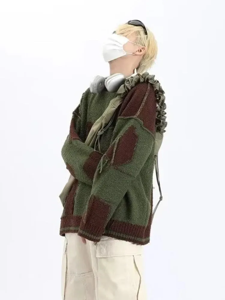 Aidase Baggy Sweaters Men Ripped Spliced Japanese Style Retro High Street Handsome Teenagers Youthful Vitality All-match Slouchy Autumn