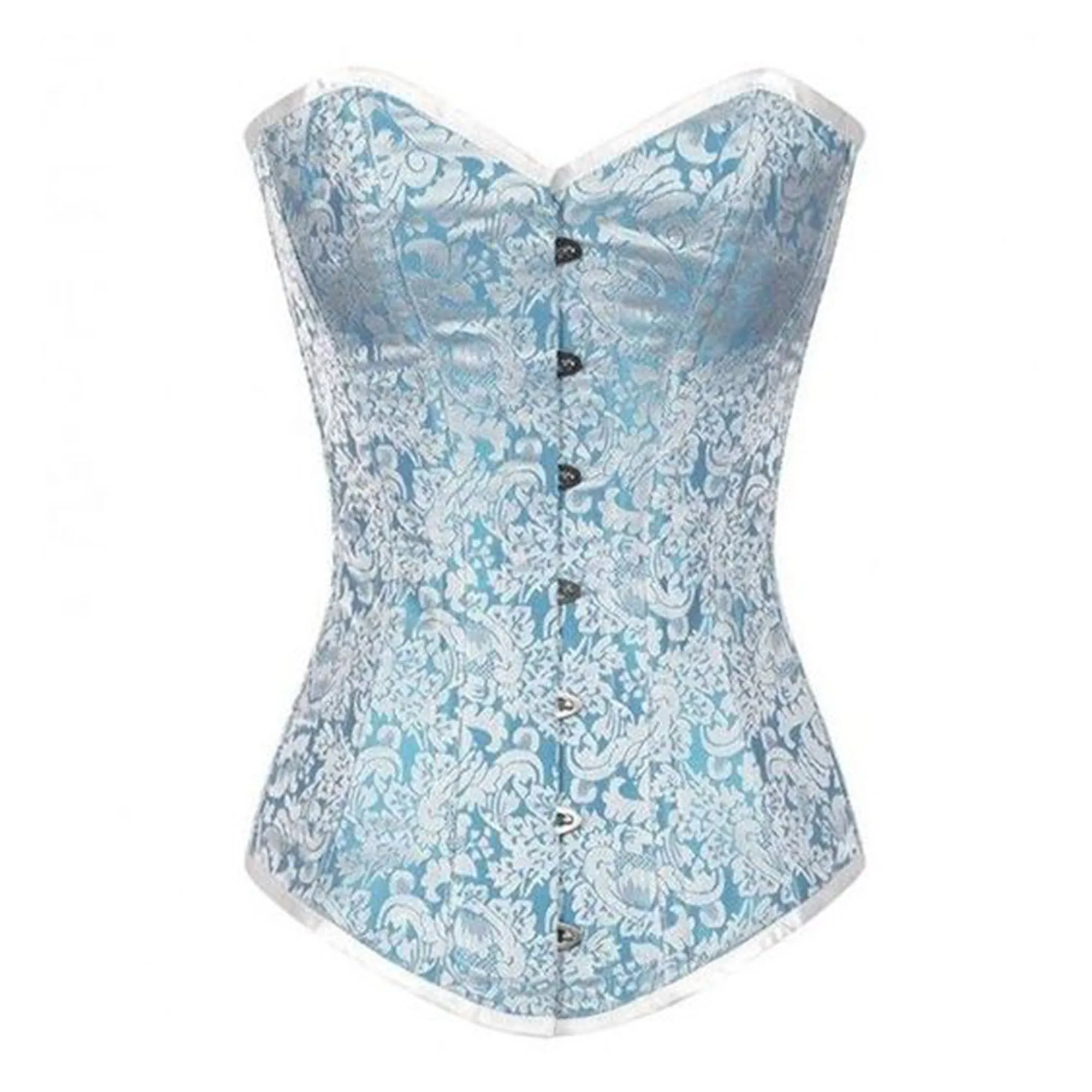 Baby Blue Brocade Longline Gothic Costume Overbust Bustier Corset