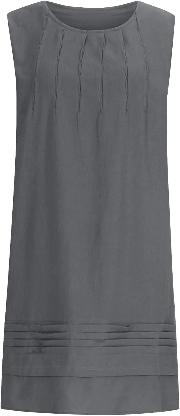 Cotton Linen Sundresses for Women Plus Size Sleeveless Crewneck Pleated Shift Tank Dress Casual Summer Beach Dresses