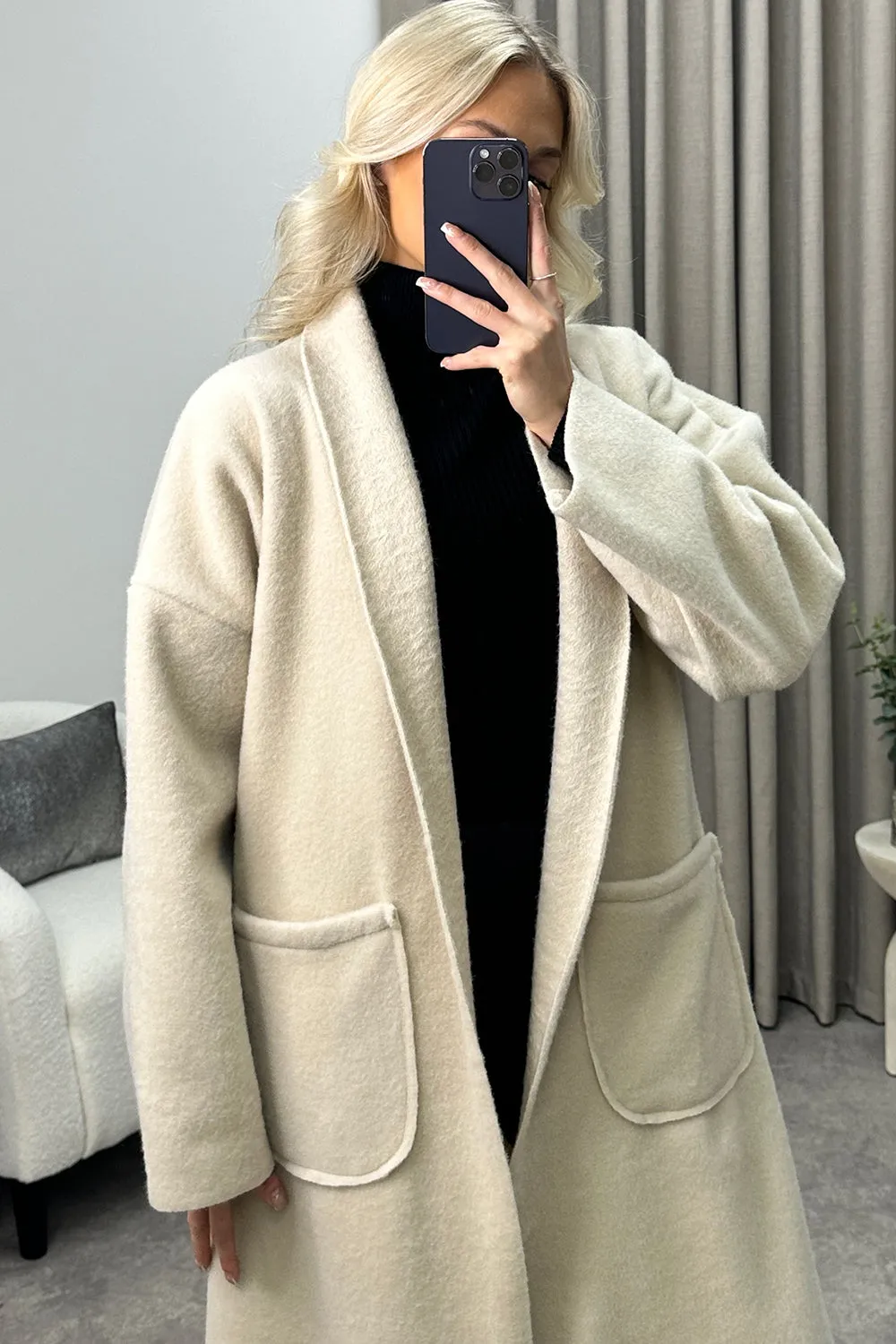 Emmie Beige Wool Look Longline Jacket
