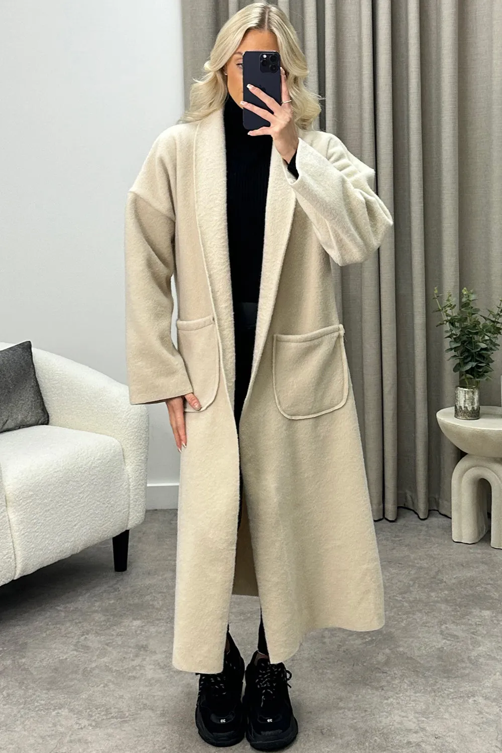 Emmie Beige Wool Look Longline Jacket