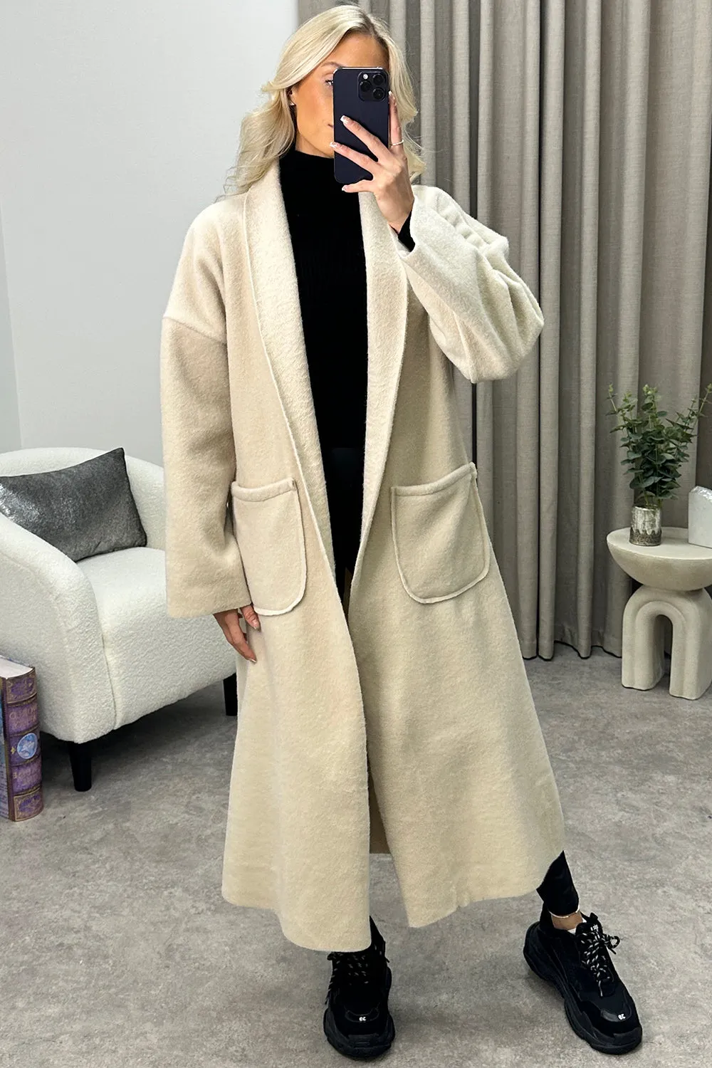 Emmie Beige Wool Look Longline Jacket