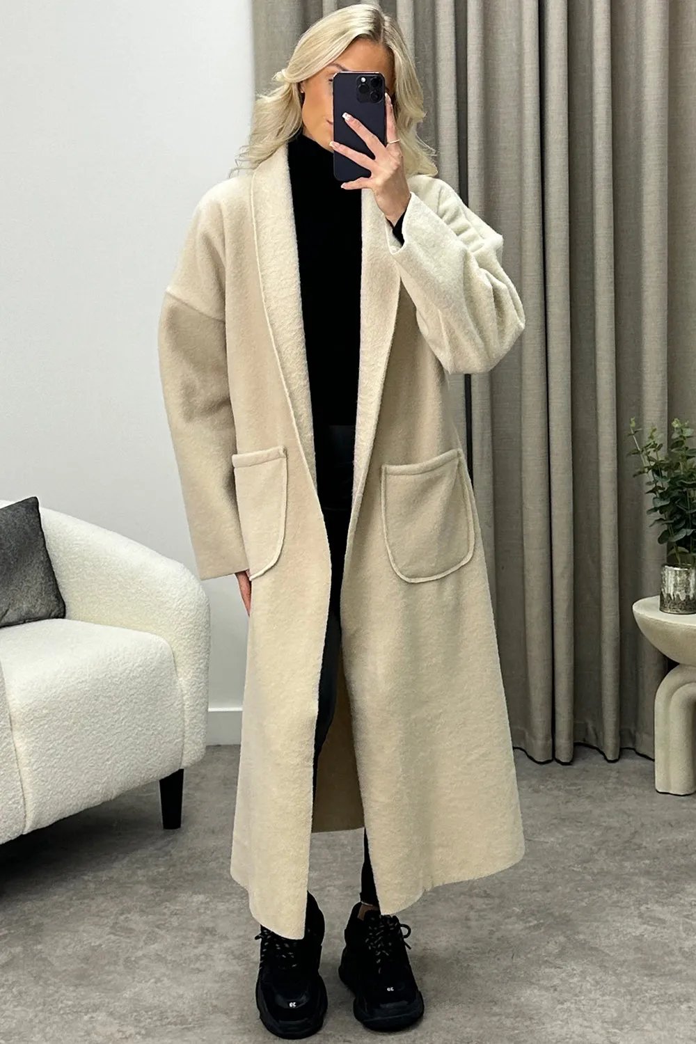 Emmie Beige Wool Look Longline Jacket