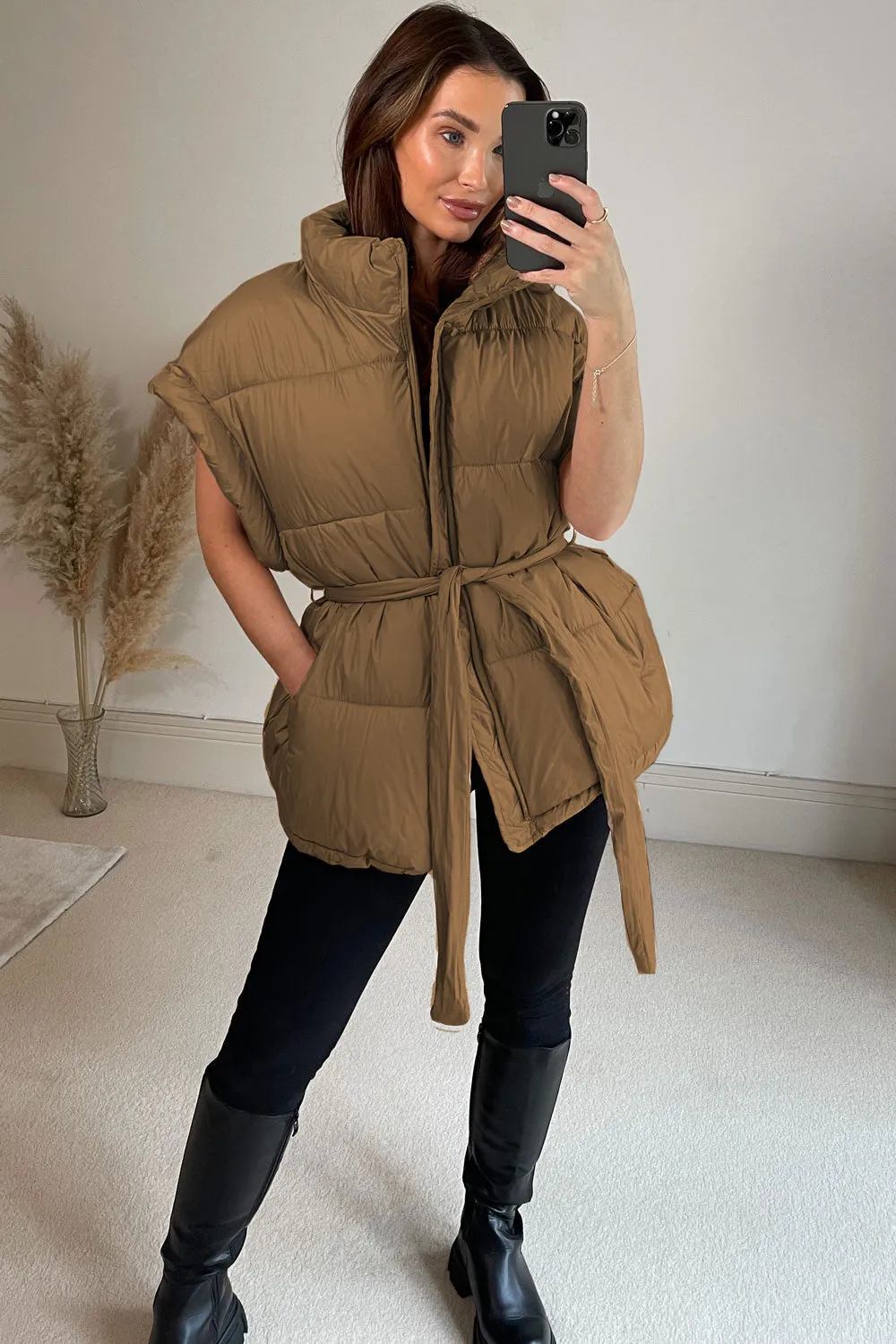 Flossie Brown Belted Longline Puffer Gilet