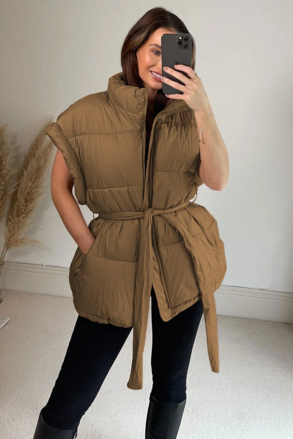 Flossie Brown Belted Longline Puffer Gilet