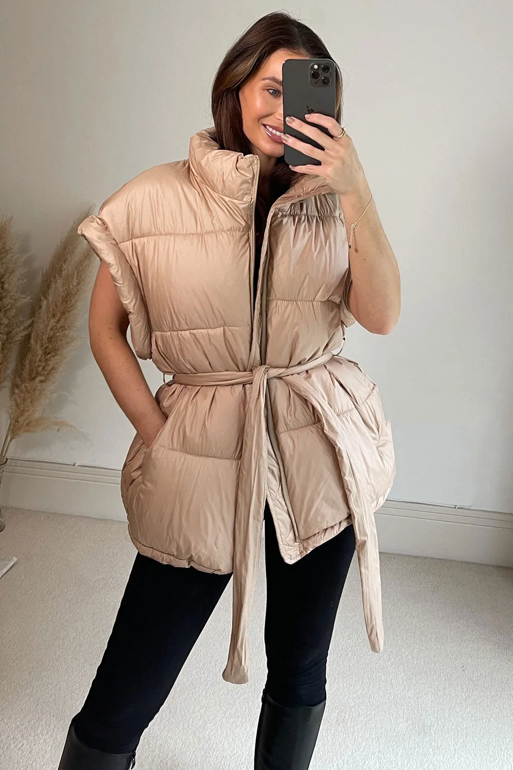 Flossie Camel Belted Longline Puffer Gilet
