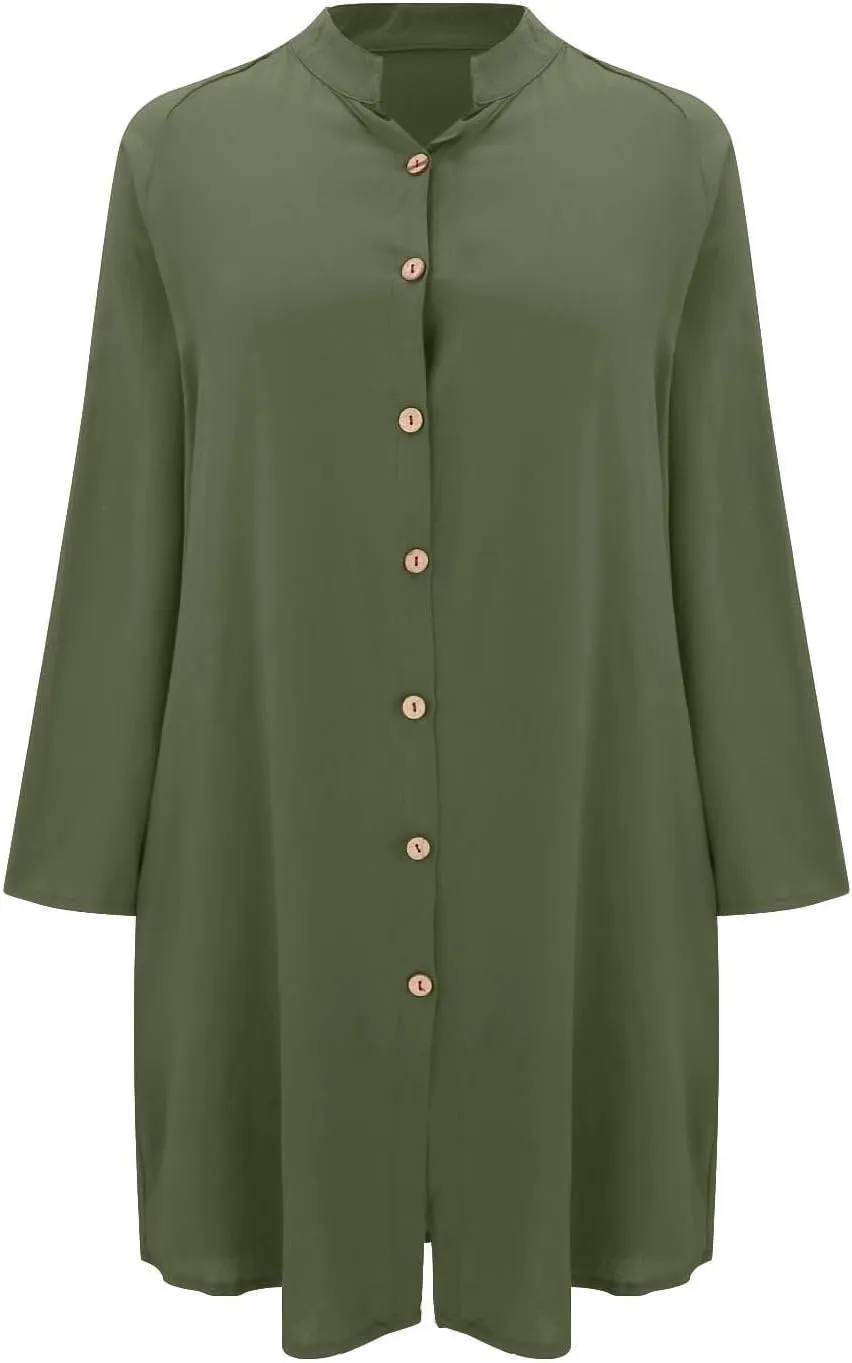 GOKKILRW Womens Cotton Linen T-Shirt Dresses Loose Button Down Long Sleeve Blouses Midi Dress Flowy Casual Summer Shirt Dress