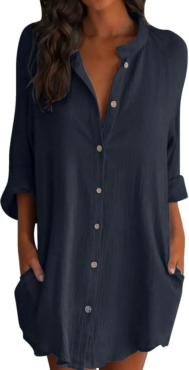 GOKKILRW Womens Cotton Linen T-Shirt Dresses Loose Button Down Long Sleeve Blouses Midi Dress Flowy Casual Summer Shirt Dress