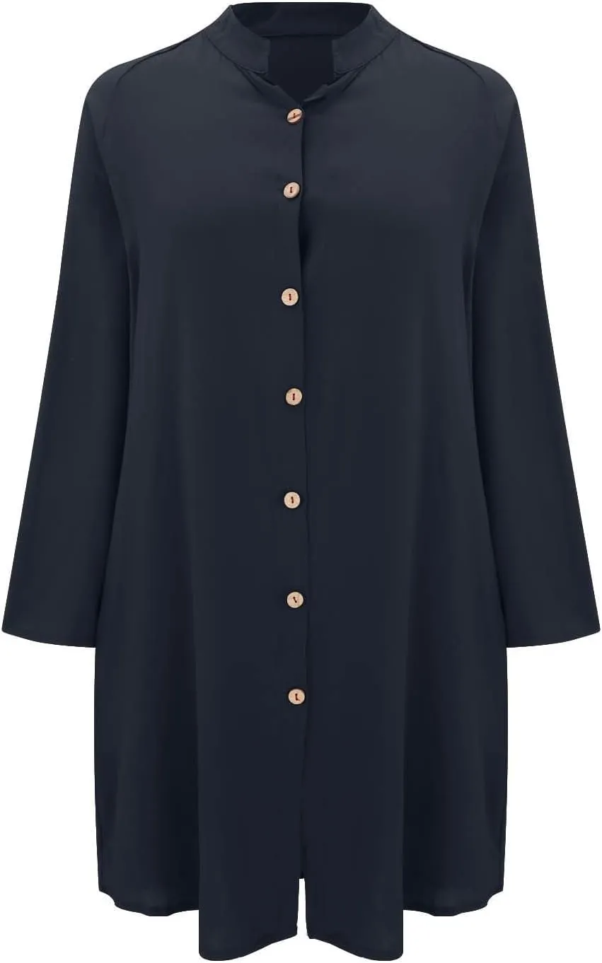 GOKKILRW Womens Cotton Linen T-Shirt Dresses Loose Button Down Long Sleeve Blouses Midi Dress Flowy Casual Summer Shirt Dress