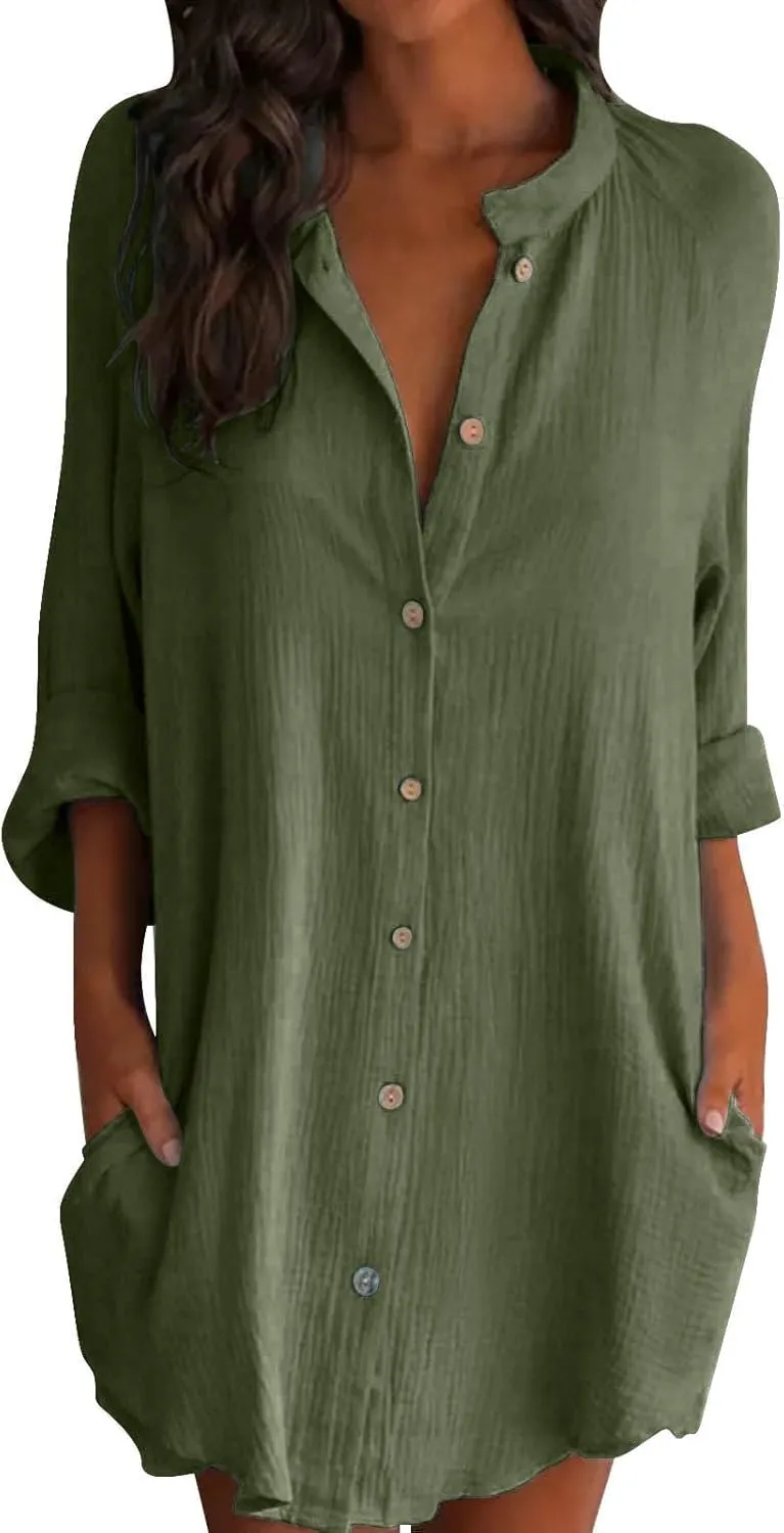 GOKKILRW Womens Cotton Linen T-Shirt Dresses Loose Button Down Long Sleeve Blouses Midi Dress Flowy Casual Summer Shirt Dress