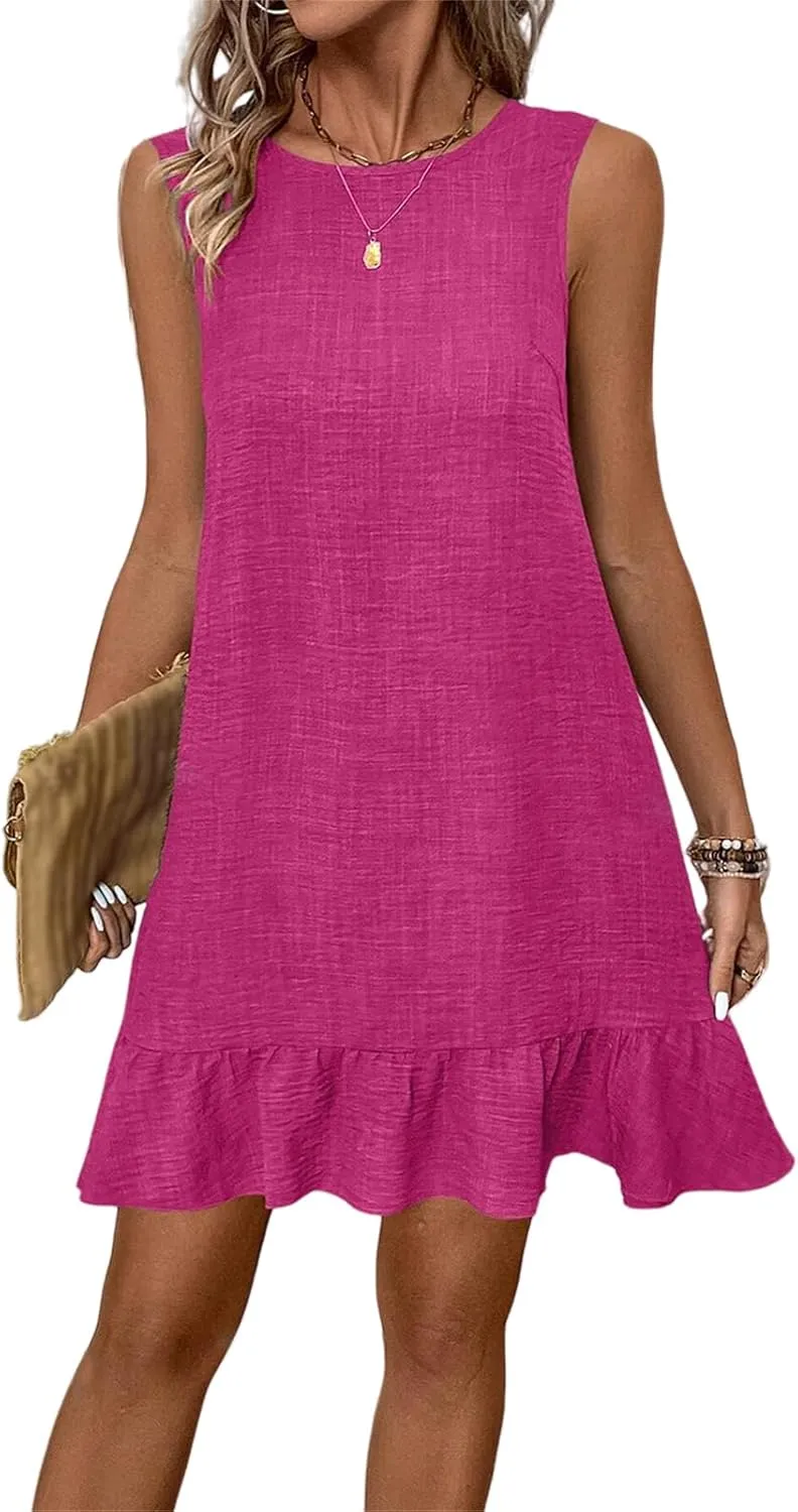 Linen Dress for Women Ruffle Hem Sleeveless Tank Dress Crewneck Loose Shift Mini Dresses