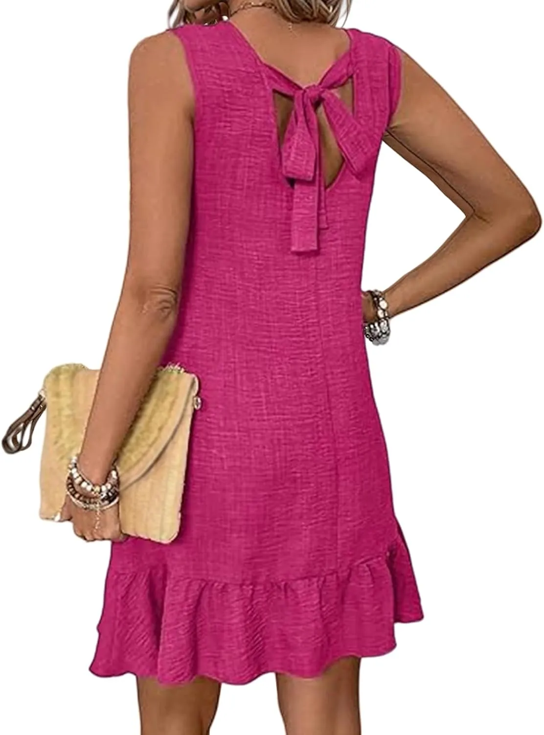 Linen Dress for Women Ruffle Hem Sleeveless Tank Dress Crewneck Loose Shift Mini Dresses