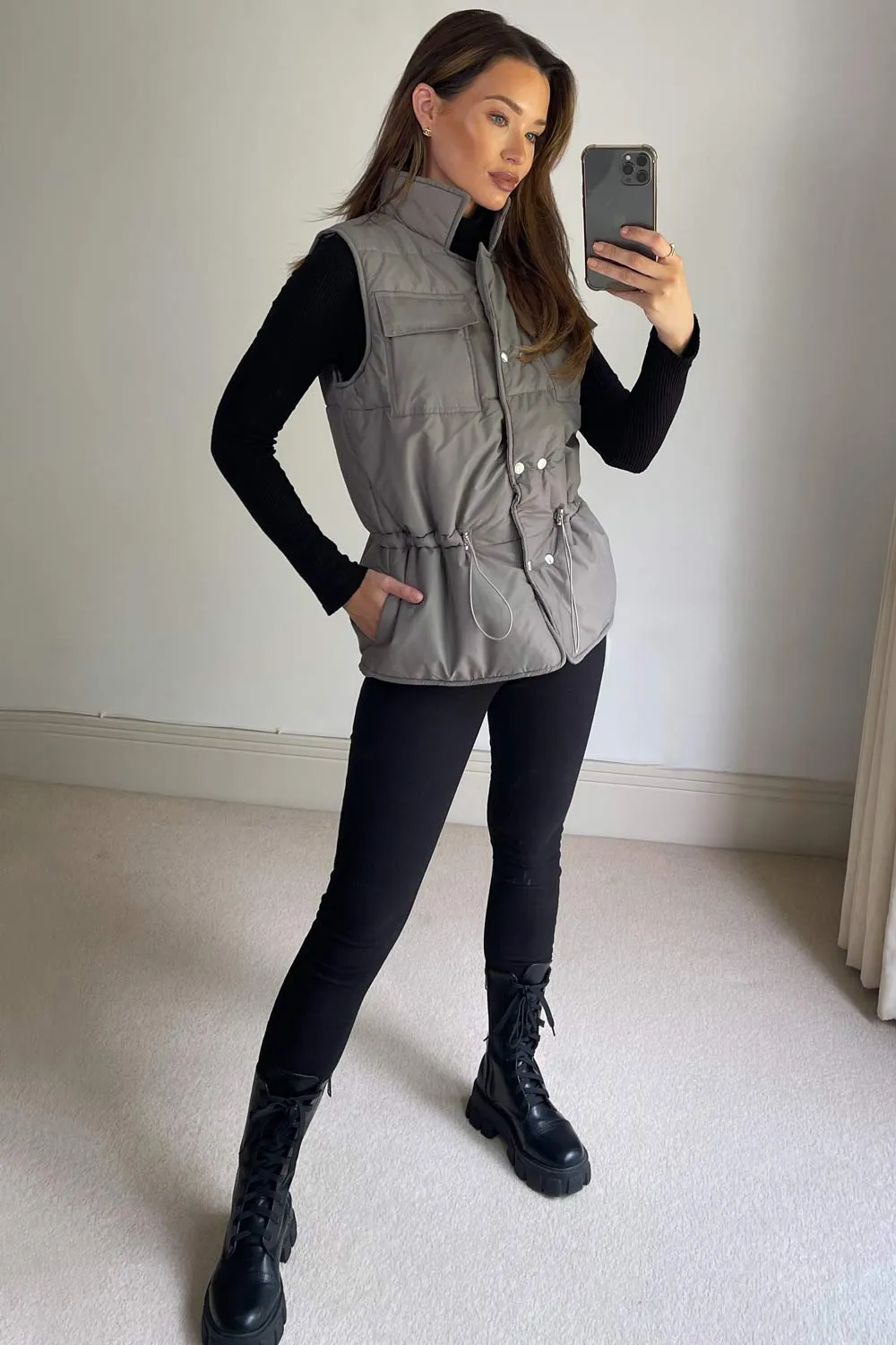 Lottie Grey Puffer Drawstring Gilet