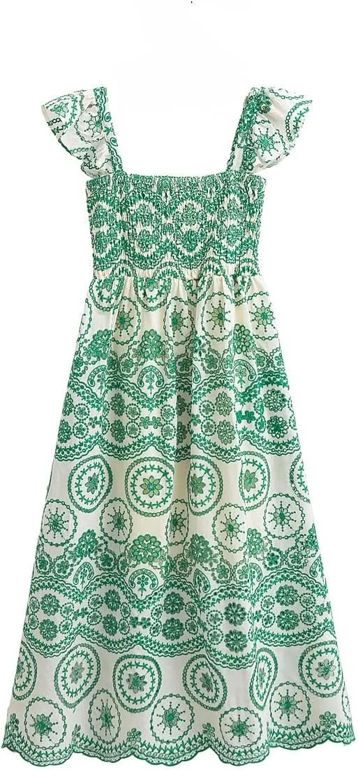 Melliflo Women Casual Bohemian Floral Embroidered Dress Casual Smocked Strap Open Back Swing Shift Sundress Party Beach Dress