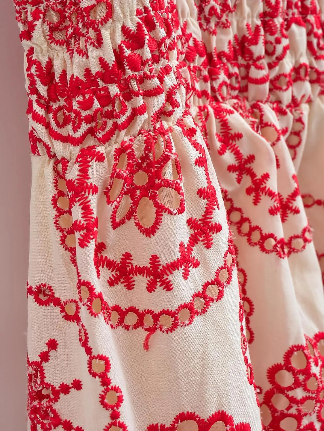 Melliflo Women Casual Bohemian Floral Embroidered Dress Casual Smocked Strap Open Back Swing Shift Sundress Party Beach Dress