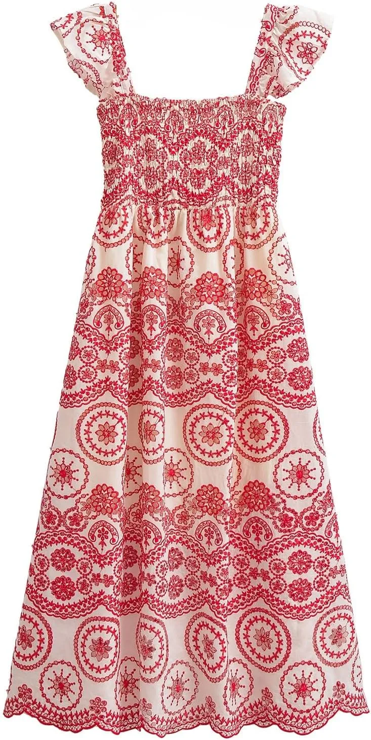 Melliflo Women Casual Bohemian Floral Embroidered Dress Casual Smocked Strap Open Back Swing Shift Sundress Party Beach Dress