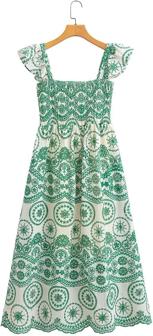 Melliflo Women Casual Bohemian Floral Embroidered Dress Casual Smocked Strap Open Back Swing Shift Sundress Party Beach Dress