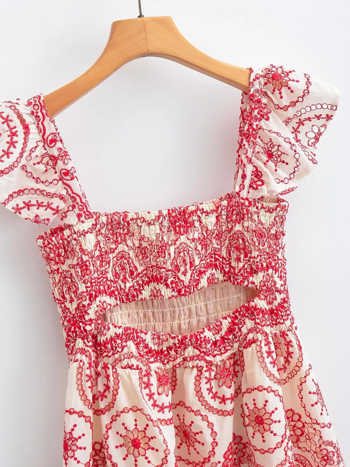 Melliflo Women Casual Bohemian Floral Embroidered Dress Casual Smocked Strap Open Back Swing Shift Sundress Party Beach Dress