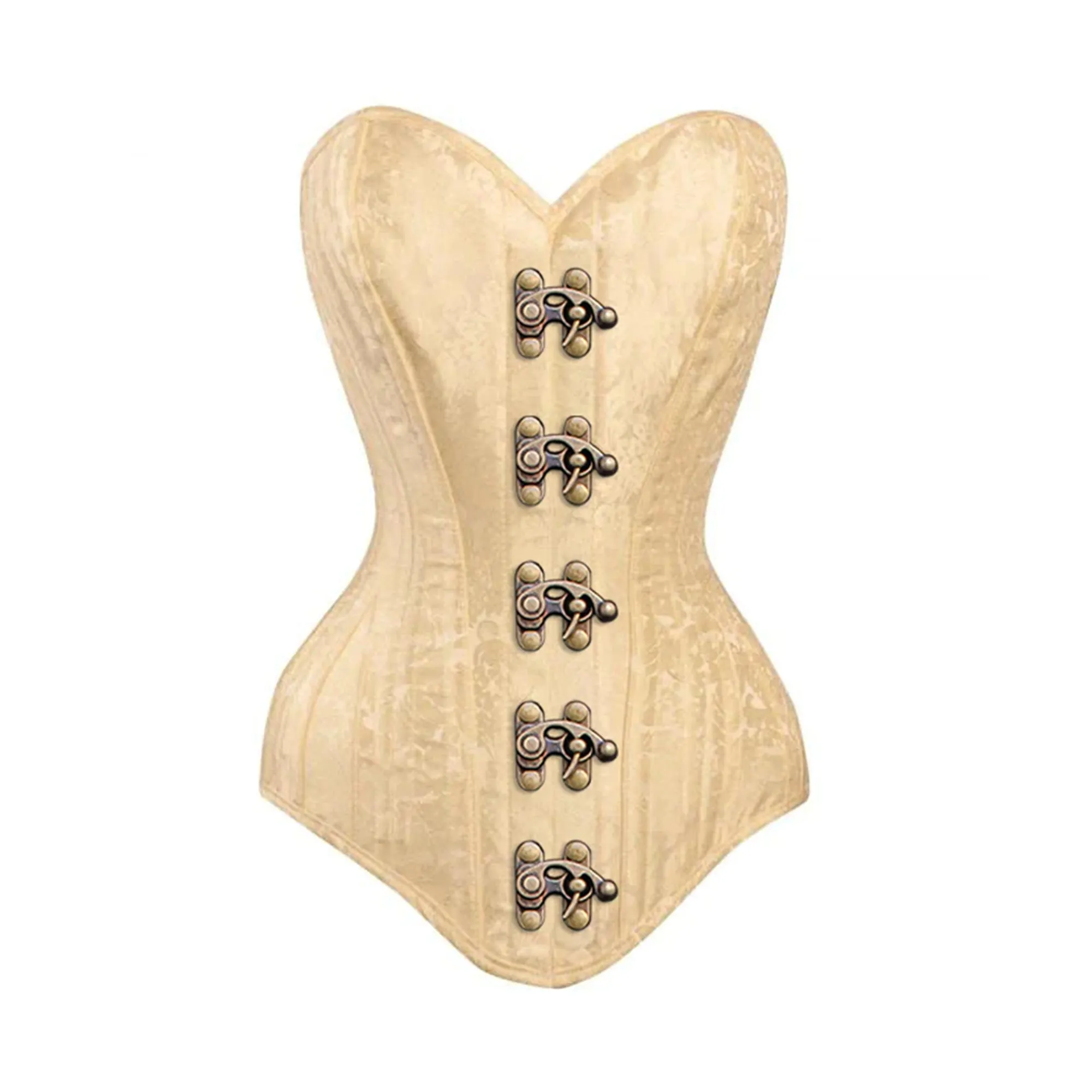 Plus Size Ivory Brocade Long U Shaped Burlesque Antique Clasps Overbust Corset