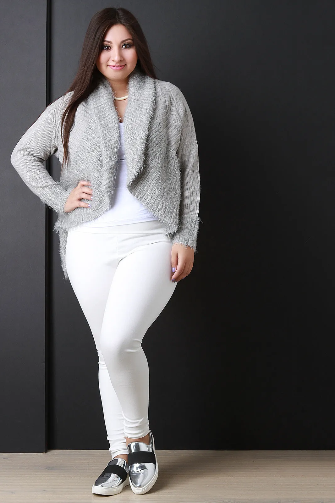Shearling Trim Open Front Sweater