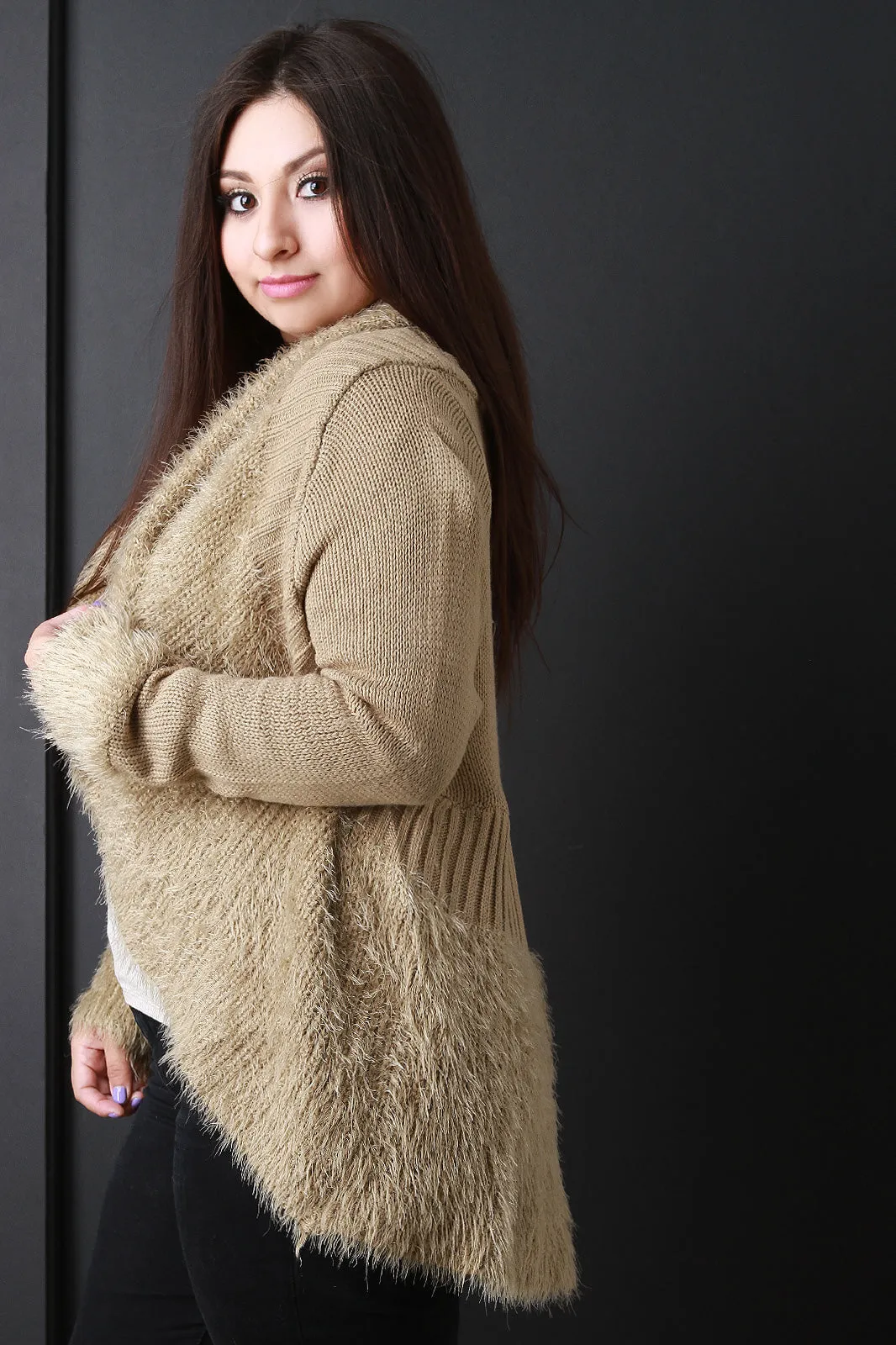 Shearling Trim Open Front Sweater