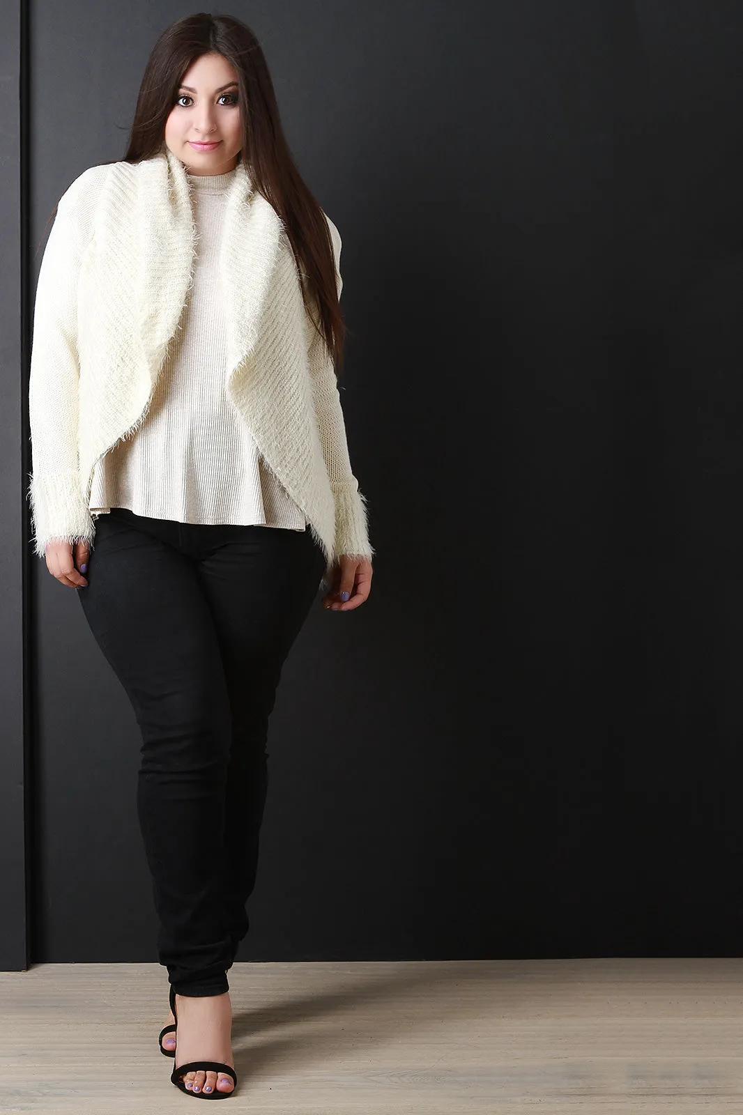 Shearling Trim Open Front Sweater