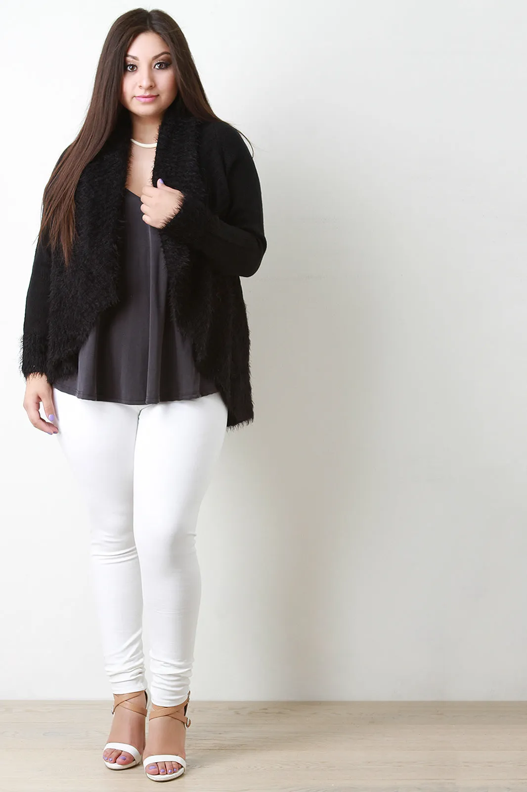 Shearling Trim Open Front Sweater