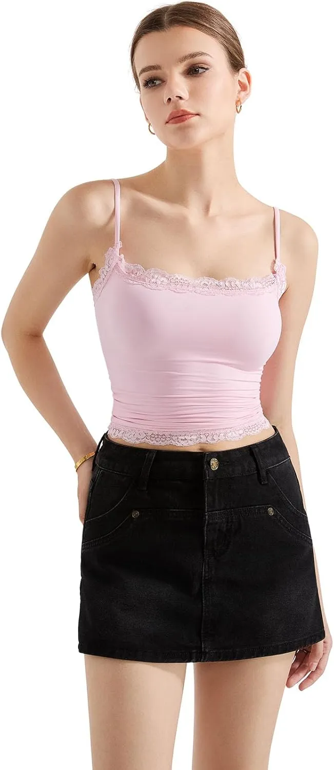SUUKSESS Women Lace Double Lined Camisole Top Spaghetti Strap Going Out Tank Top