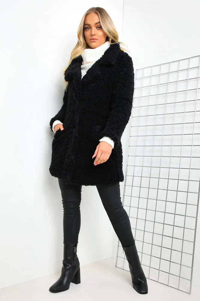 Taylor Black Longline Borg Teddy Coat