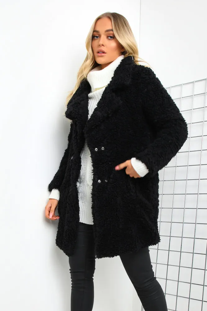 Taylor Black Longline Borg Teddy Coat