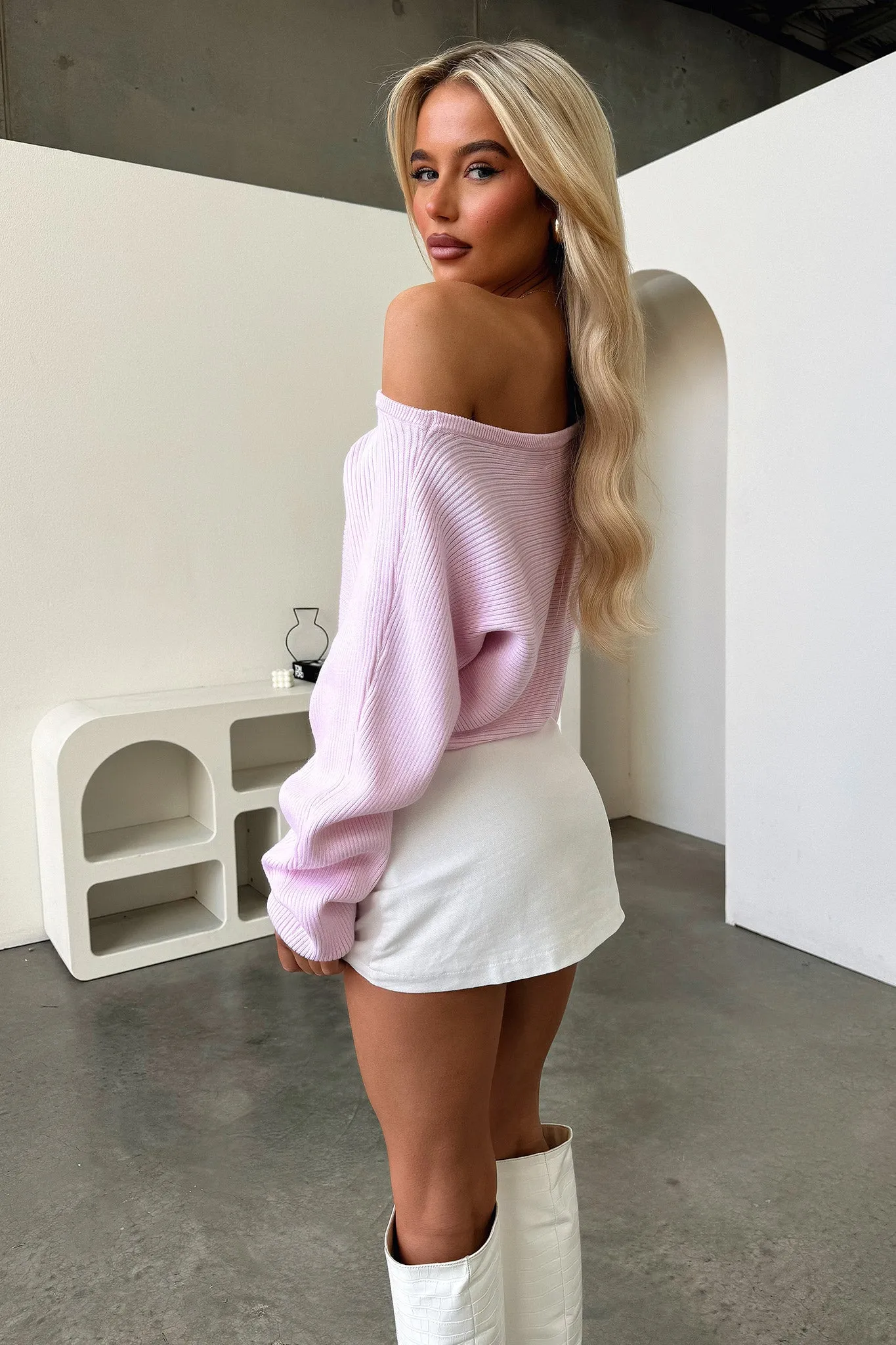 Theadora Off Shoulder Ribbed Knit - Baby Pink