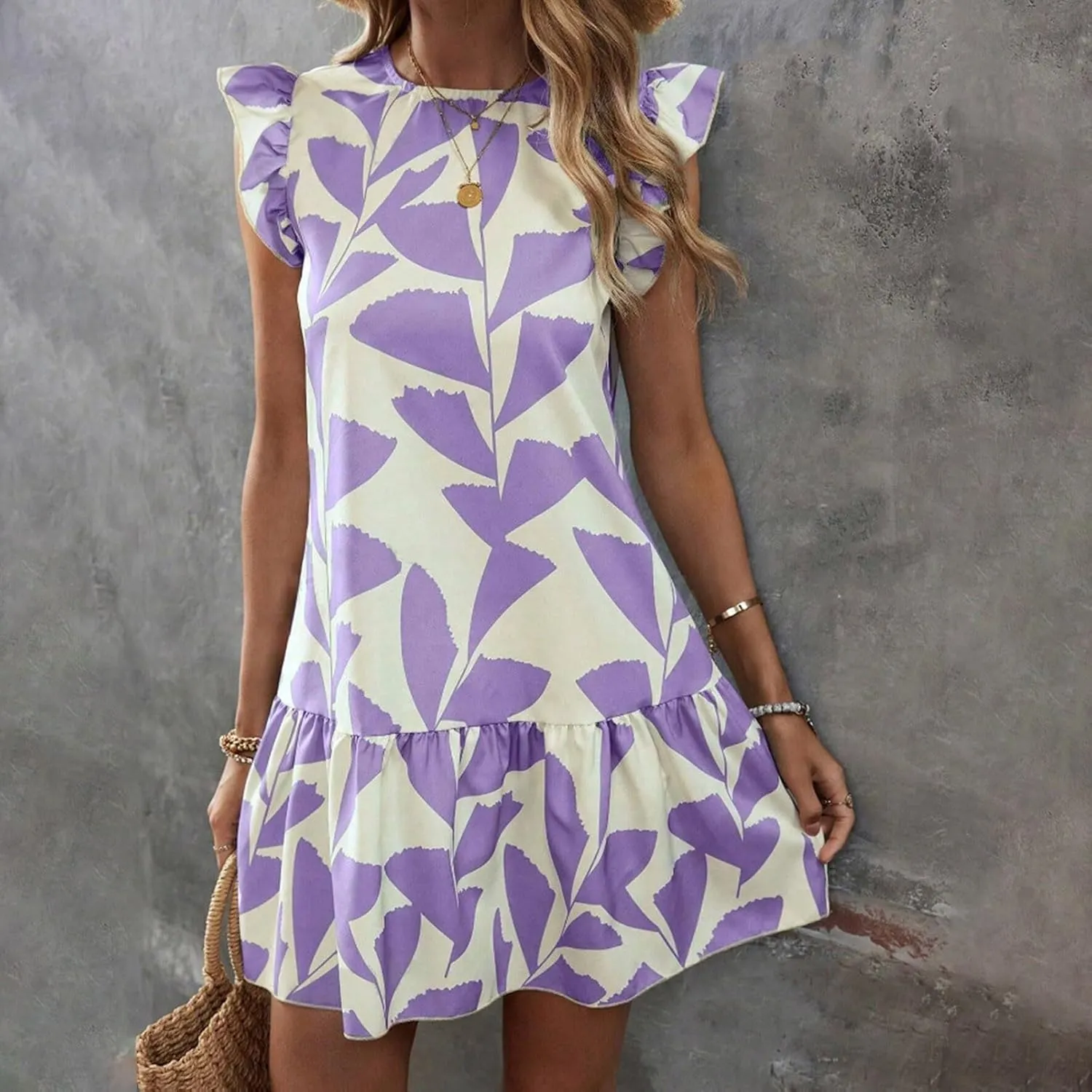 Women 2024 Summer Floral Dresses Outdoor Elegant Beach Vacation Dress Flutter Sleeve Ruffle Loose Casual Mini Sundress