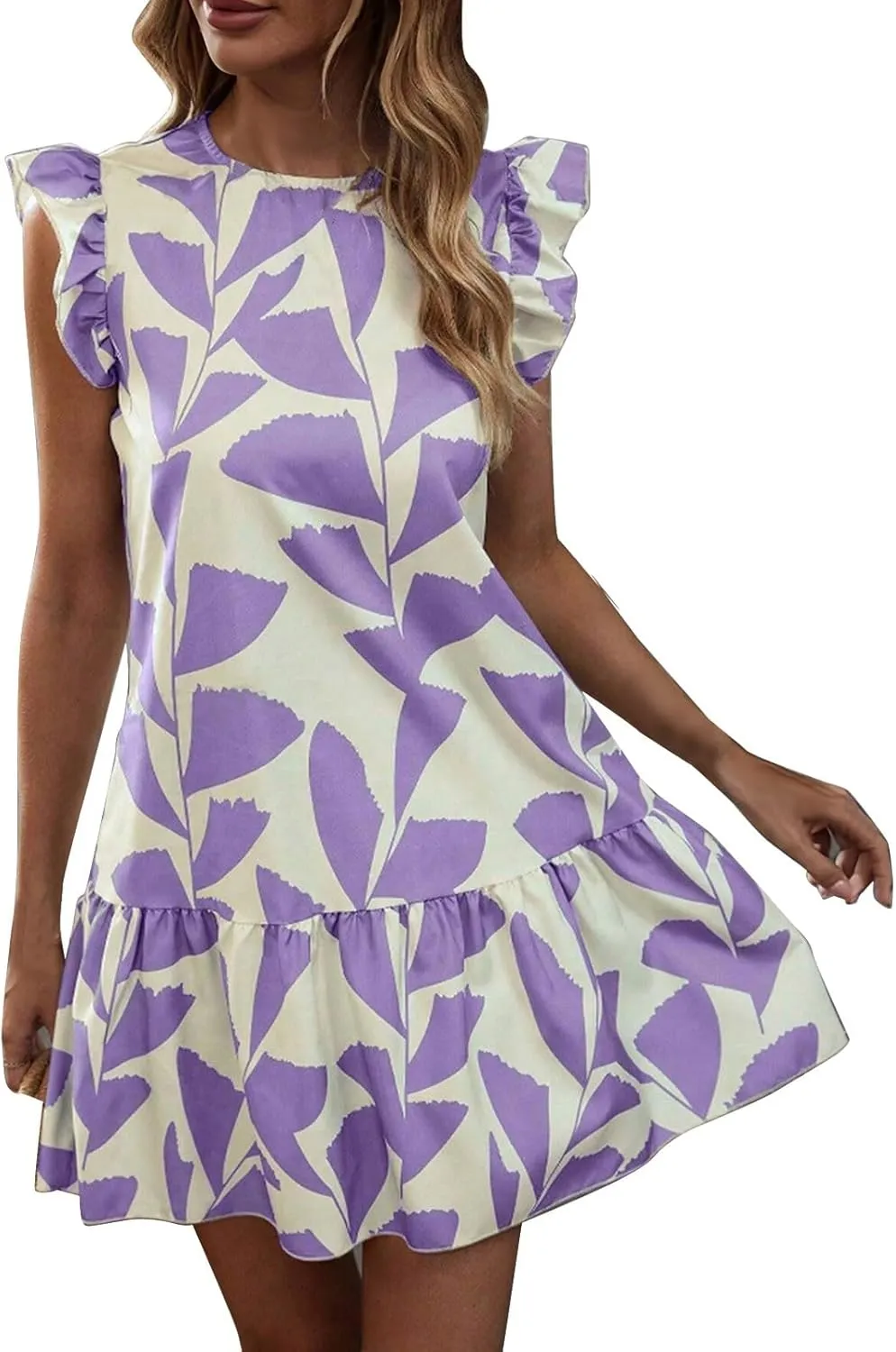 Women 2024 Summer Floral Dresses Outdoor Elegant Beach Vacation Dress Flutter Sleeve Ruffle Loose Casual Mini Sundress