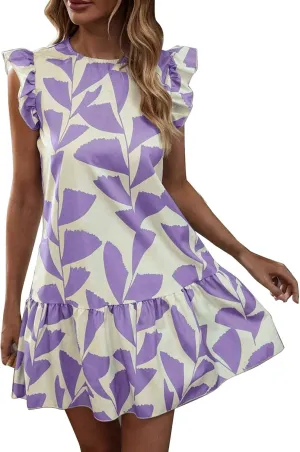 Women 2024 Summer Floral Dresses Outdoor Elegant Beach Vacation Dress Flutter Sleeve Ruffle Loose Casual Mini Sundress