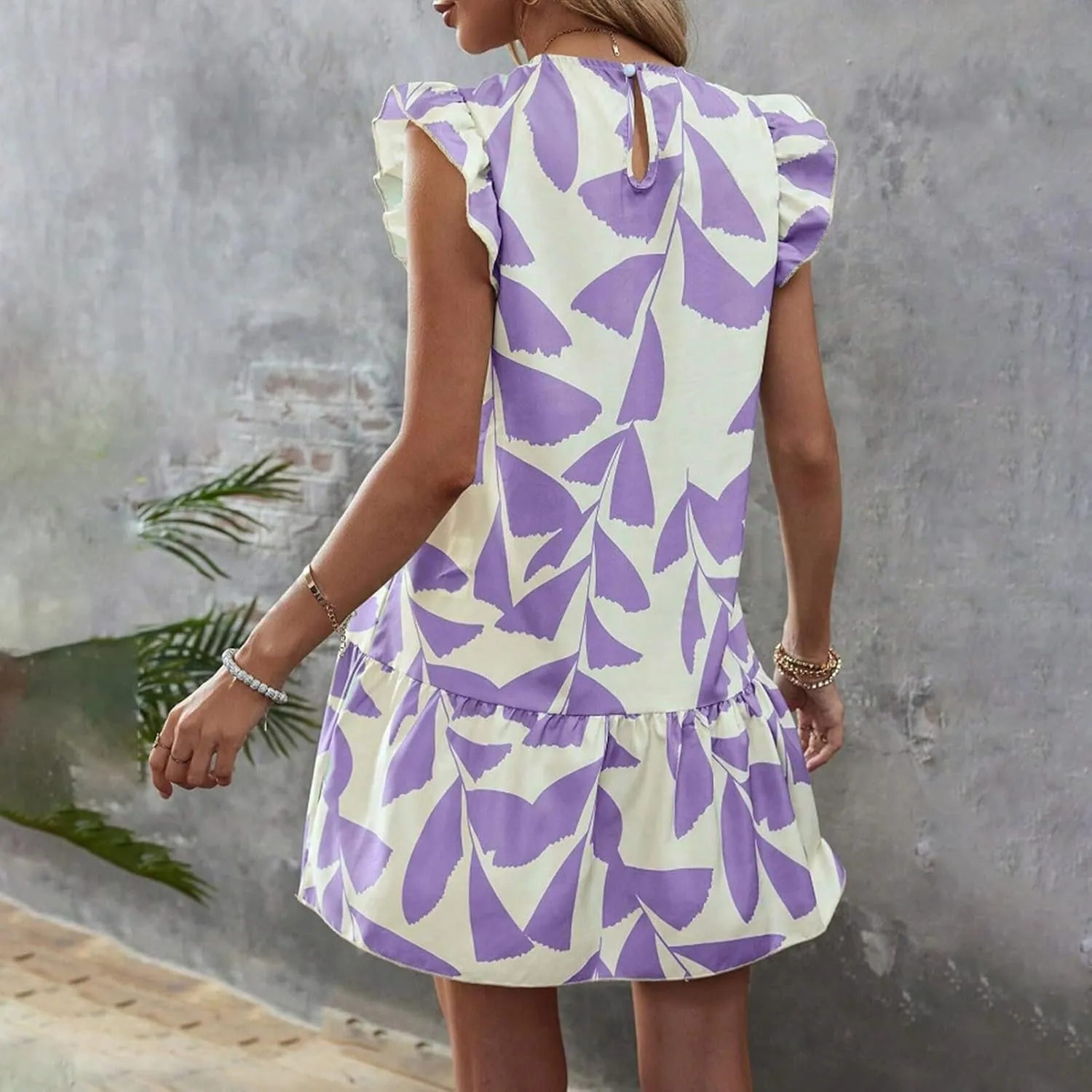 Women 2024 Summer Floral Dresses Outdoor Elegant Beach Vacation Dress Flutter Sleeve Ruffle Loose Casual Mini Sundress