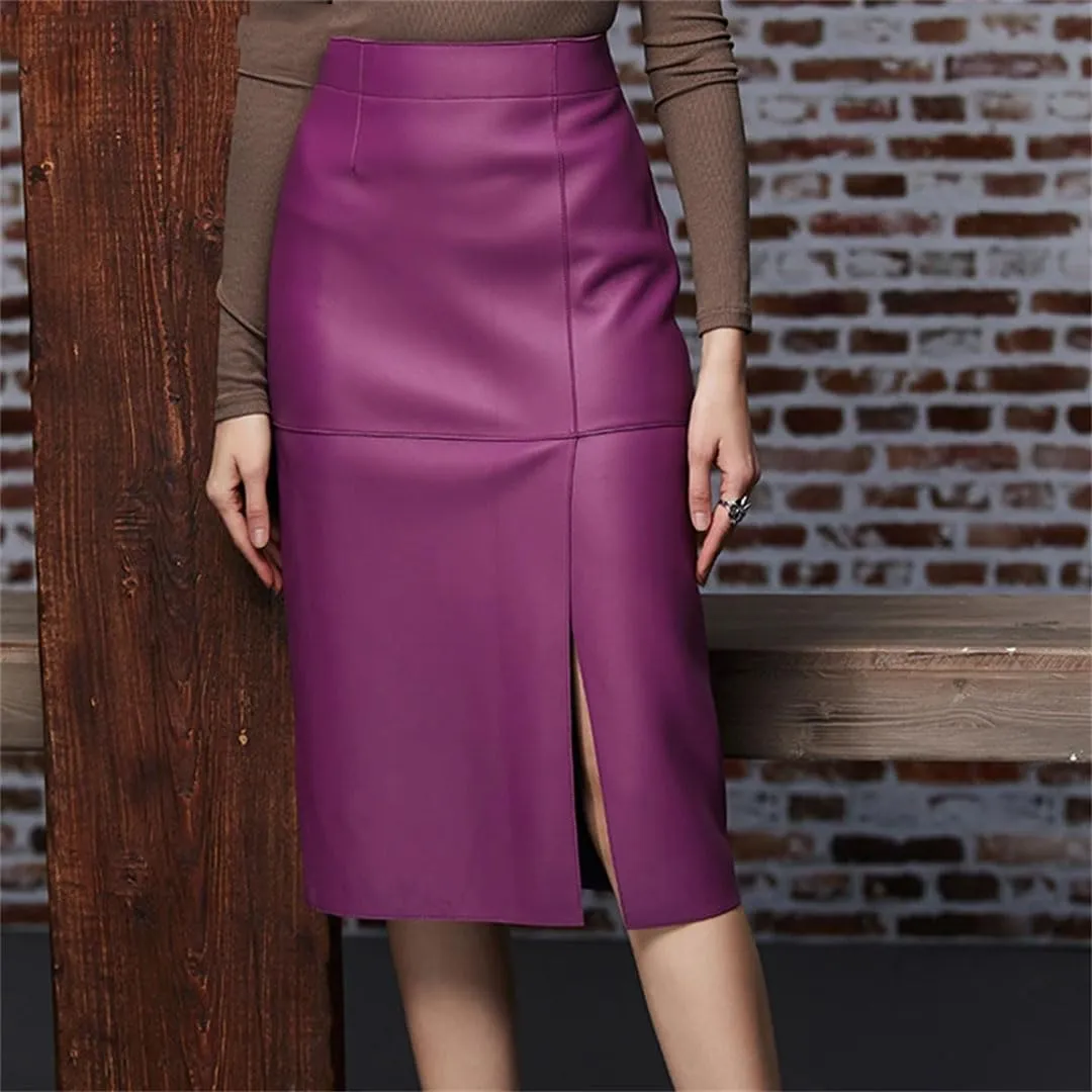 Women Leather Sexy Split Midi Skirt Wrapped Slim Fit Long Skirt Asymmetrical Hem Leather Skirt