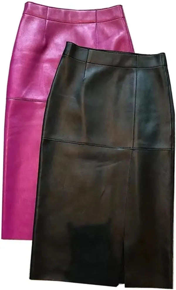 Women Leather Sexy Split Midi Skirt Wrapped Slim Fit Long Skirt Asymmetrical Hem Leather Skirt