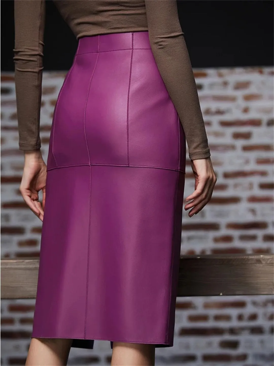 Women Leather Sexy Split Midi Skirt Wrapped Slim Fit Long Skirt Asymmetrical Hem Leather Skirt