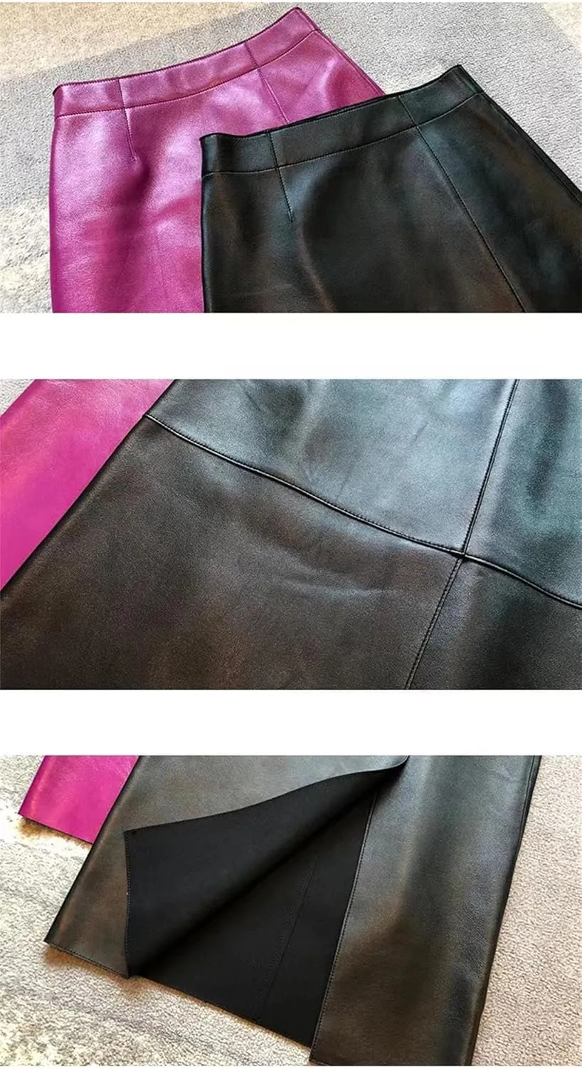 Women Leather Sexy Split Midi Skirt Wrapped Slim Fit Long Skirt Asymmetrical Hem Leather Skirt