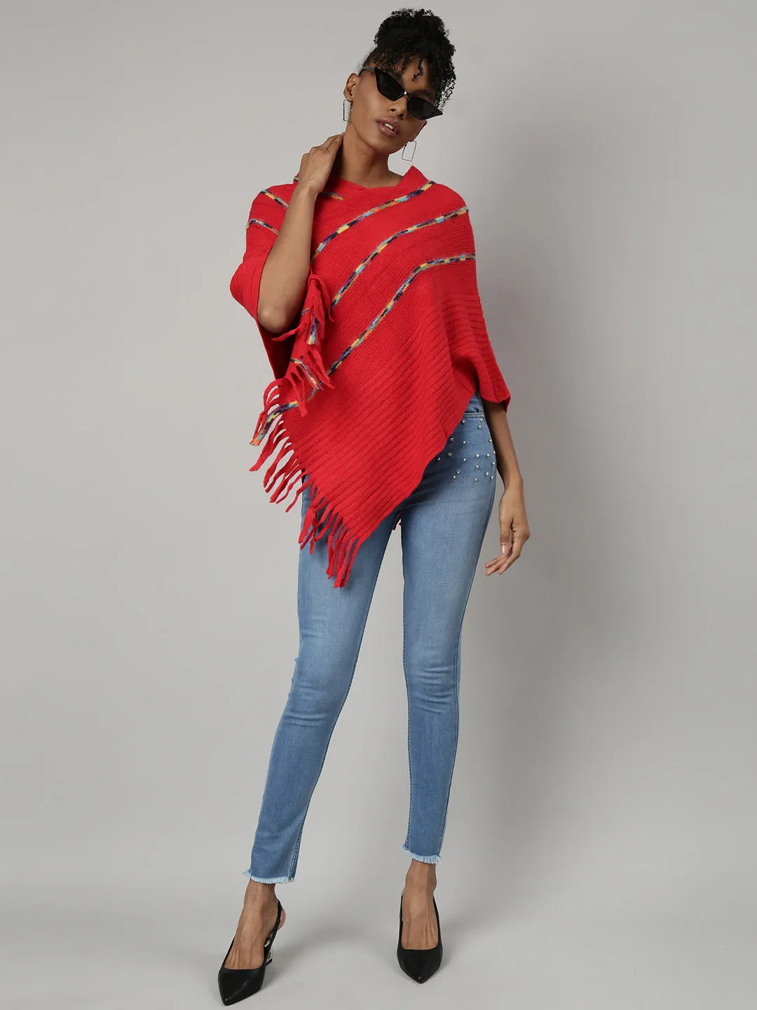 Women Red V-Neck Striped Longline Fringed Poncho