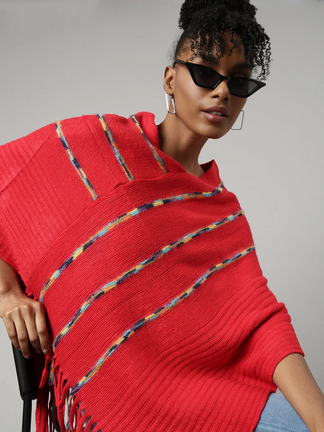 Women Red V-Neck Striped Longline Fringed Poncho