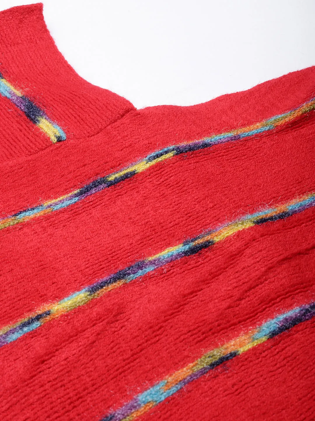 Women Red V-Neck Striped Longline Fringed Poncho