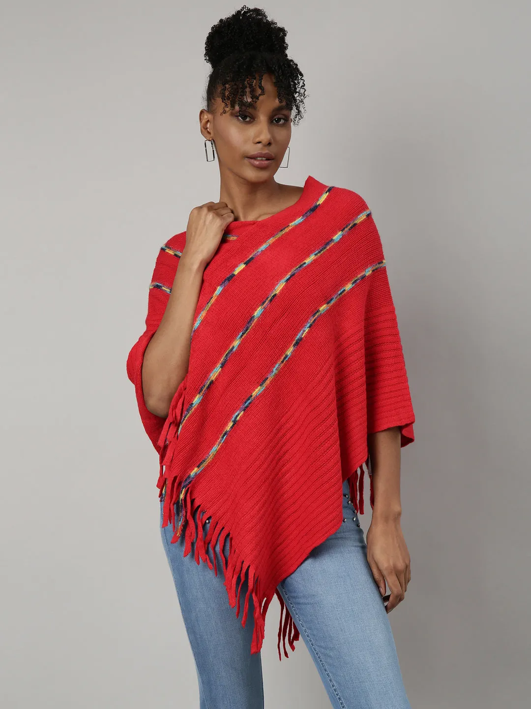 Women Red V-Neck Striped Longline Fringed Poncho