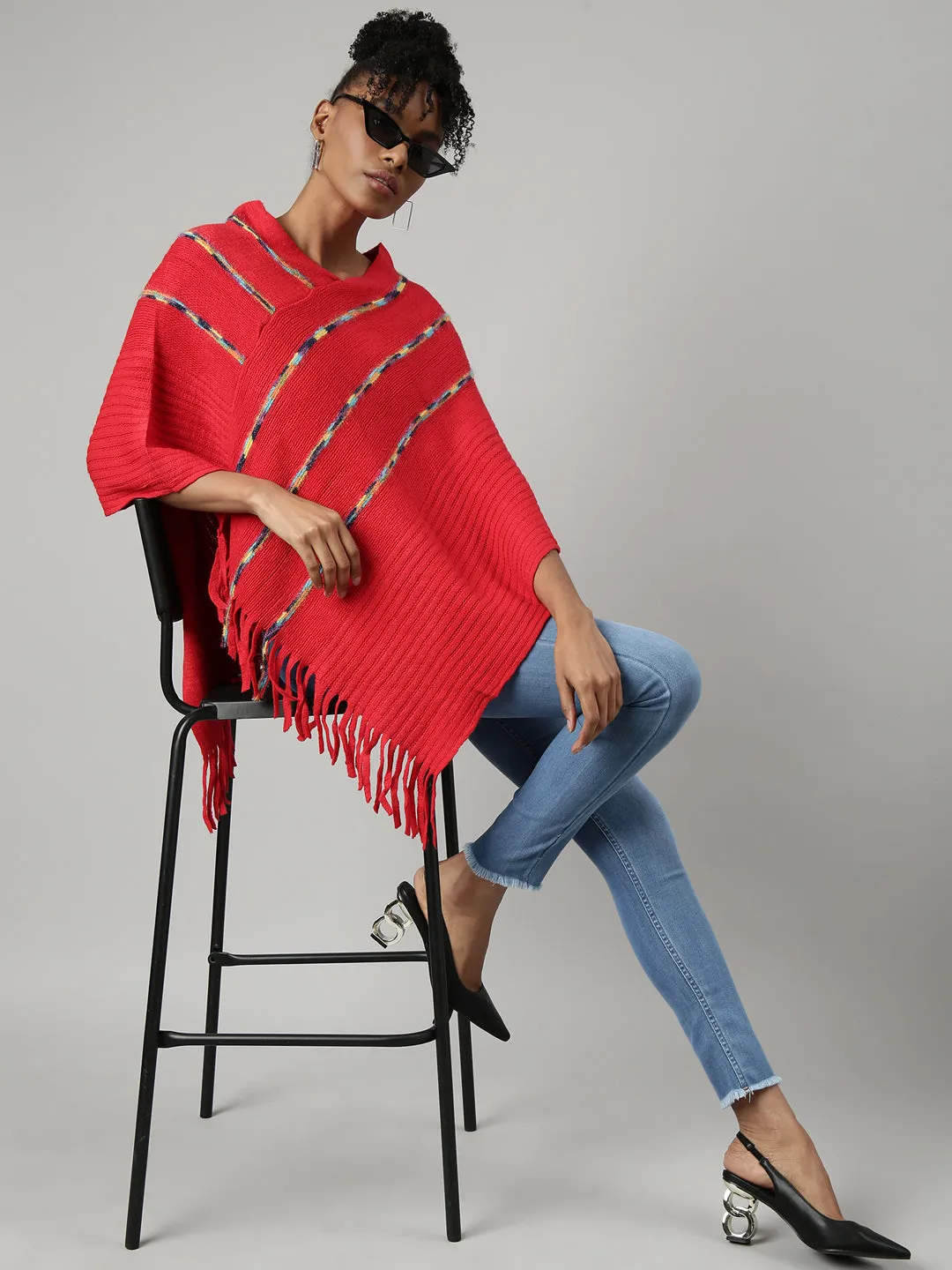 Women Red V-Neck Striped Longline Fringed Poncho
