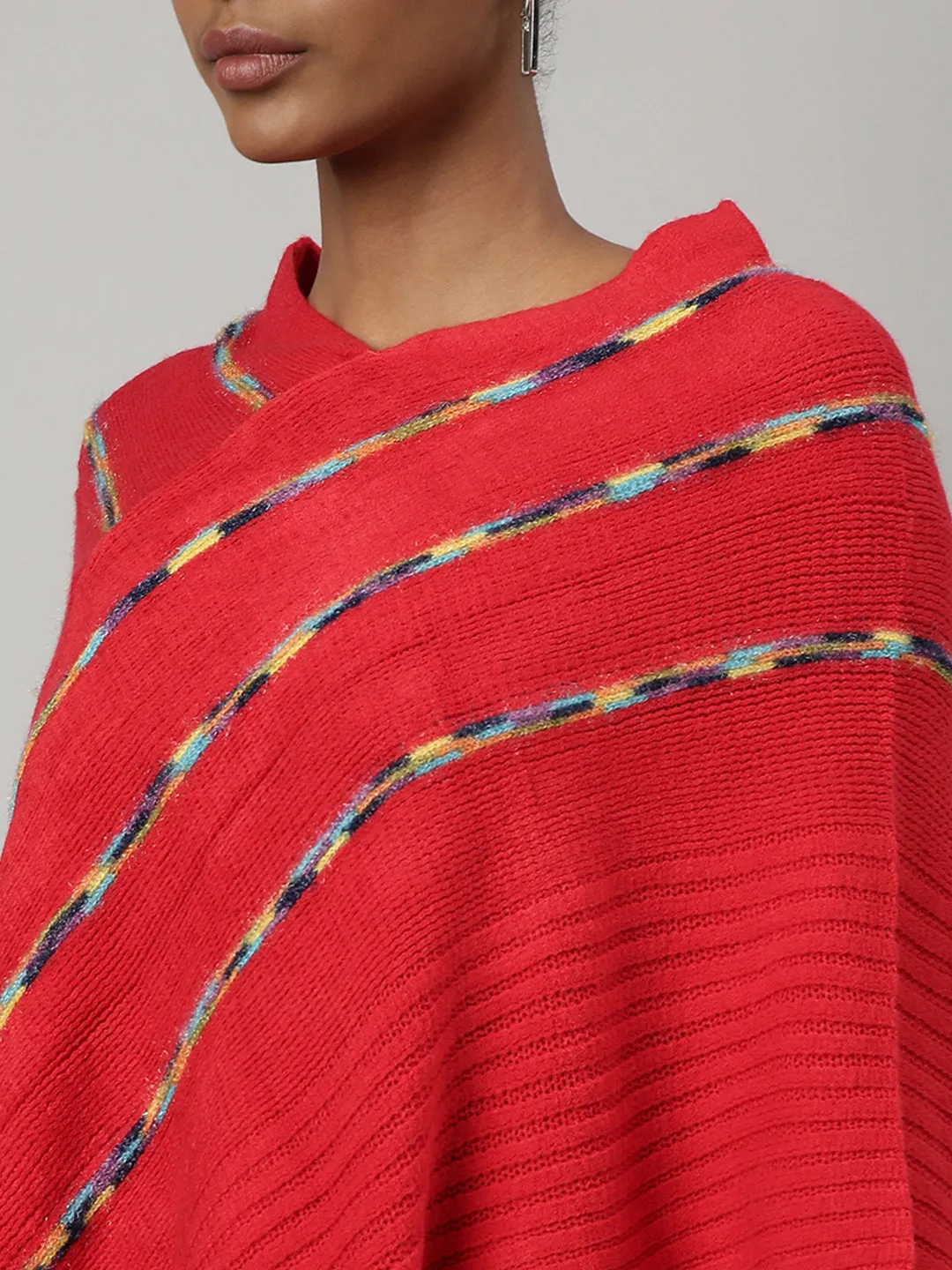 Women Red V-Neck Striped Longline Fringed Poncho
