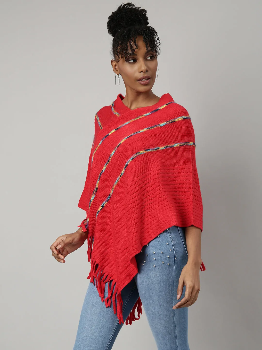 Women Red V-Neck Striped Longline Fringed Poncho