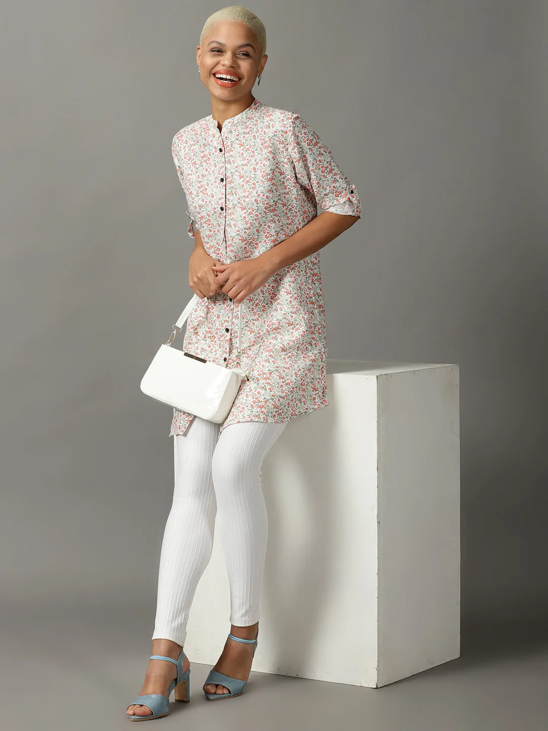 Women White Floral Printed Casual Longline Shirt