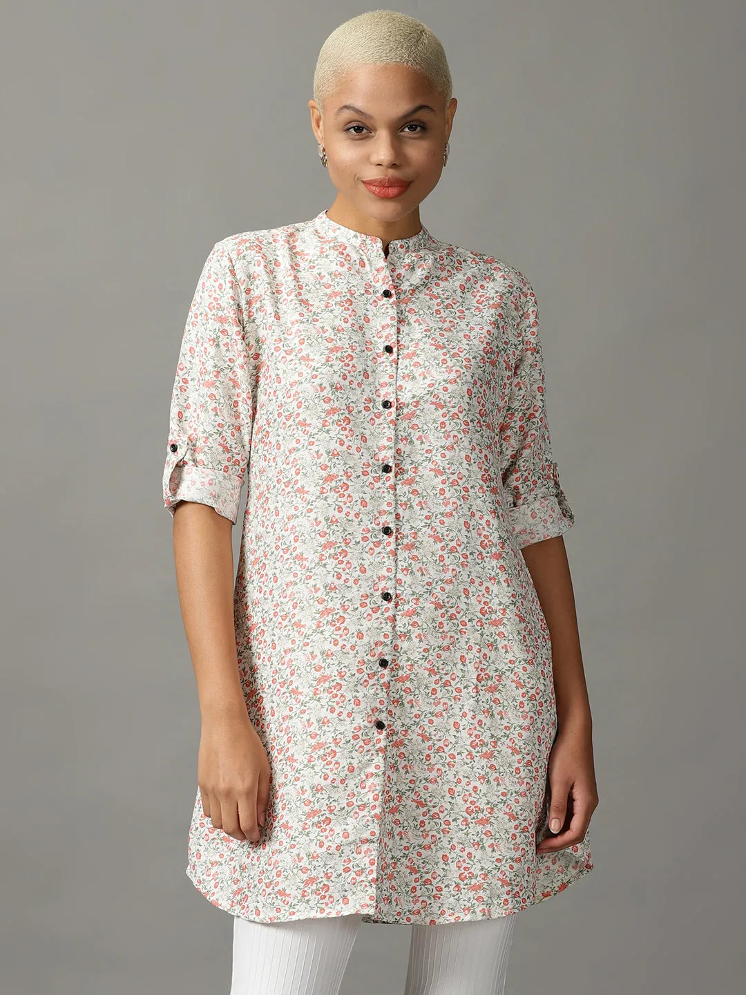 Women White Floral Printed Casual Longline Shirt